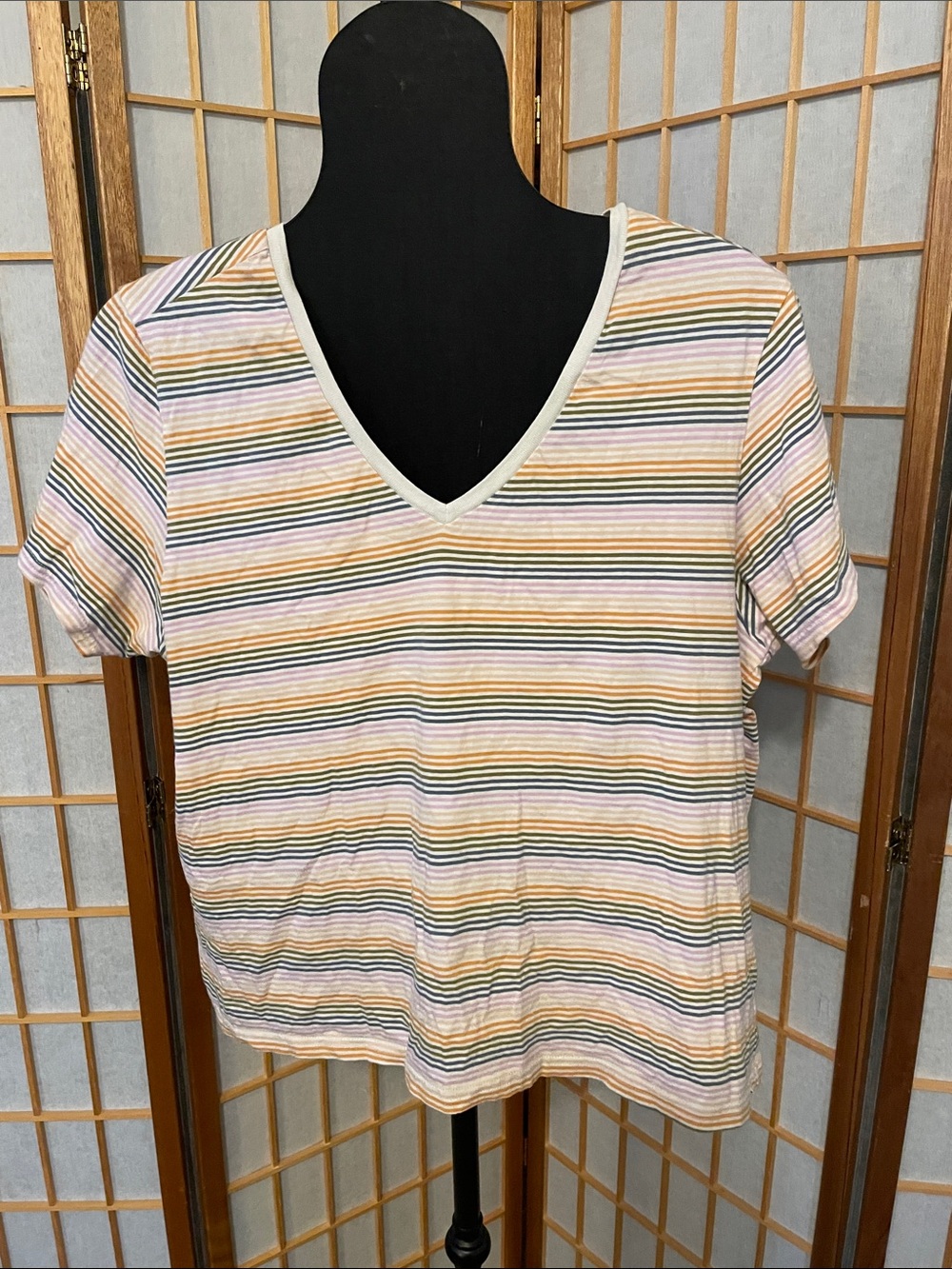Pact Organic Cotton Striped V-Neck Tee in Pastel Pink, Olive & Mustard